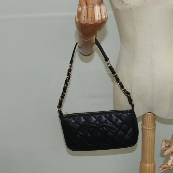 CHANEL Matelasse COCO Mark Chain Shoulder Bag Grained Calf Skin Black CC Aut - Picture 1 of 16